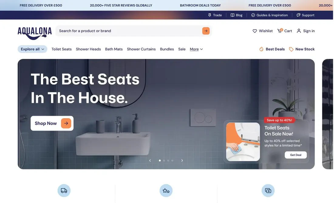 The Aqualona website: the homepage of its bathroom products store.