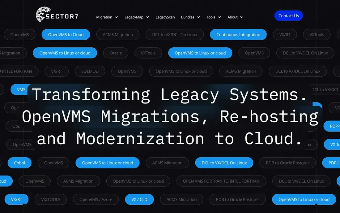 The Sector7 website, rebuilt in Webflow: legacy system migration services.